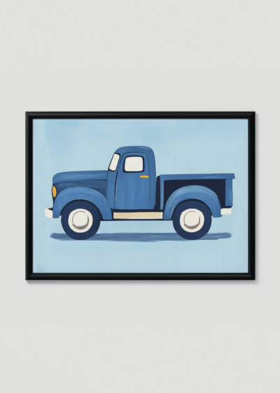 Plakat w drewnianej czarnej ramce: samochód vintage pickup niebieski dla dzieci retro