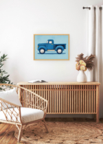 Aranżacja wnętrza, na ścianie wisi plakat w ramce: samochód vintage pickup niebieski dla dzieci retro