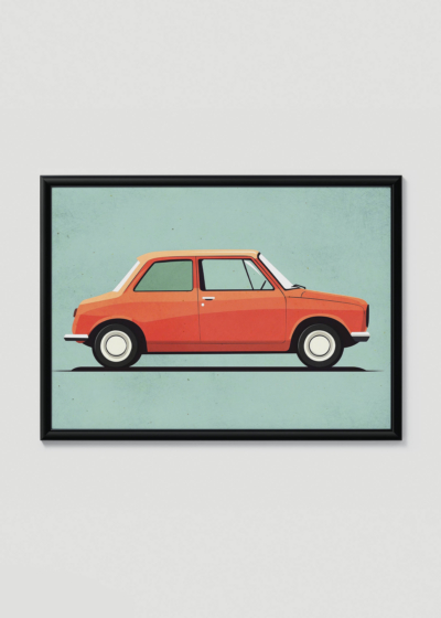 Plakat w drewnianej czarnej ramce: retro pomarańczowy samochodzik dla dzieci vintage