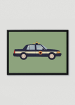 Plakat w drewnianej czarnej ramce: samochód policyjny radiowóz dla dzieci motoryzacyjny