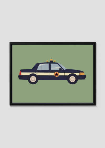Plakat w drewnianej czarnej ramce: samochód policyjny radiowóz dla dzieci motoryzacyjny