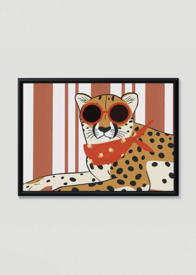 Plakat w drewnianej czarnej ramce: do pokoju dziecięcego gepard w okularach skandynawski