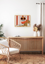 Aranżacja wnętrza, na ścianie wisi plakat w ramce: do pokoju dziecięcego gepard w okularach skandynawski