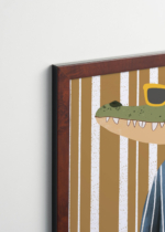 Plakat oprawiony w drewnianą brązową ramkę Vintage Italia: do pokoju dziecięcego uśmiechnięty krokodyl w okularach vintage retro