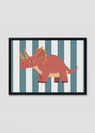 Plakat w drewnianej czarnej ramce: dinozaur triceratops do pokoju dziecięcego koralowy skandynawski