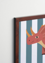 Plakat oprawiony w drewnianą brązową ramkę Vintage Italia: dinozaur triceratops do pokoju dziecięcego koralowy skandynawski