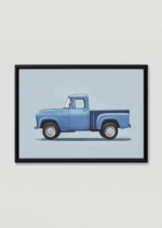 Plakat w drewnianej czarnej ramce: niebieski samochód pickup retro dla dzieci vintage truck