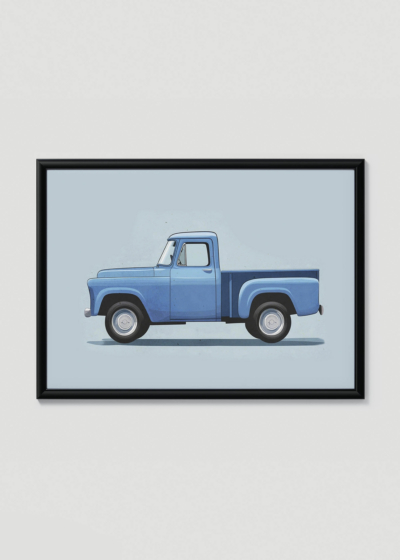 Plakat w drewnianej czarnej ramce: niebieski samochód pickup retro dla dzieci vintage truck