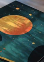 Zbliżenie na detale plakatu: astronomiczny teleskop kosmos planeta do pokoju dziecięcego