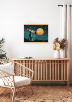 Aranżacja wnętrza, na ścianie wisi plakat w ramce: astronomiczny teleskop kosmos planeta do pokoju dziecięcego