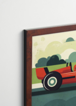 Plakat oprawiony w drewnianą brązową ramkę Vintage Italia: czerwony samochód bolid wyścigowy vintage do pokoju dziecięcego