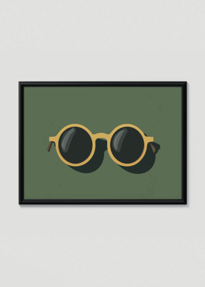 Plakat w drewnianej czarnej ramce: okulary przeciwsłoneczne na zielonym tle retro