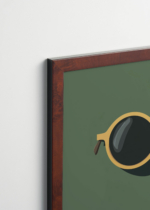 Plakat oprawiony w drewnianą brązową ramkę Vintage Italia: okulary przeciwsłoneczne na zielonym tle retro