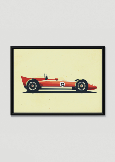 Plakat w drewnianej czarnej ramce: czerwony samochód F1 bolid wyścigowy vintage dla chłopca
