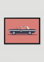 Plakat w drewnianej czarnej ramce: radiowóz policyjny samochód retro minimalistyczny do pokoju dziecięcego