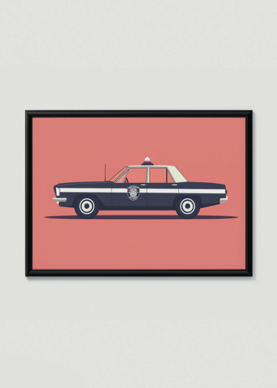 Plakat w drewnianej czarnej ramce: radiowóz policyjny samochód retro minimalistyczny do pokoju dziecięcego