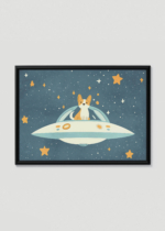 Plakat w drewnianej czarnej ramce: piesek corgi w statku UFO kosmos gwiazdy do pokoju dziecięcego