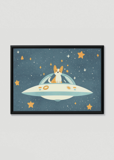 Plakat w drewnianej czarnej ramce: piesek corgi w statku UFO kosmos gwiazdy do pokoju dziecięcego