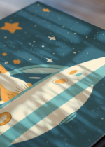 Zbliżenie na detale plakatu: piesek corgi w statku UFO kosmos gwiazdy do pokoju dziecięcego