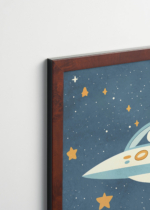 Plakat oprawiony w drewnianą brązową ramkę Vintage Italia: piesek corgi w statku UFO kosmos gwiazdy do pokoju dziecięcego