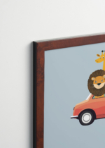 Plakat oprawiony w drewnianą brązową ramkę Vintage Italia: zwierzęta safari w czerwonym samochodzie lew słoń żyrafa