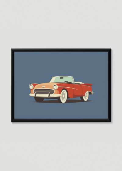 Plakat w drewnianej czarnej ramce: czerwony kabriolet retro samochód vintage lata 50