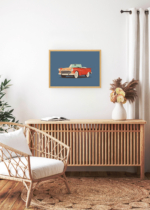Aranżacja wnętrza, na ścianie wisi plakat w ramce: czerwony kabriolet retro samochód vintage lata 50