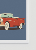 Zbliżenie na detale plakatu oprawionego w drewnianą białą ramkę od Plakatello®: czerwony kabriolet retro samochód vintage lata 50