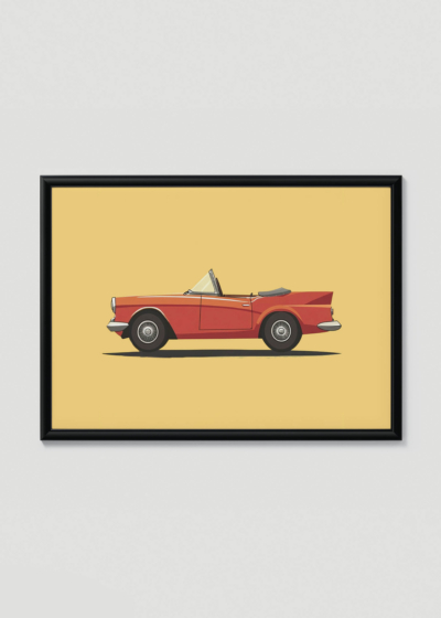 Plakat w drewnianej czarnej ramce: do pokoju dziecięcego czerwony kabriolet retro vintage auto klasyczny