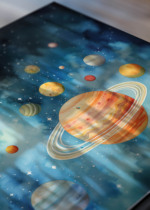 Zbliżenie na detale plakatu: kosmos planety gwiazdy do pokoju dziecięcego