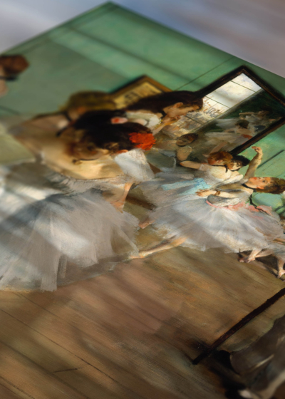 Zbliżenie na detale plakatu: Klasa tańca Edgar Degas baletnice impresjonizm