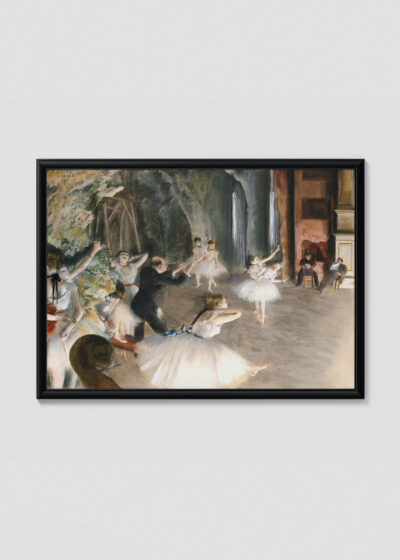 Plakat w drewnianej czarnej ramce: Próba baletu na scenie Edgar Degas 1874 reprodukcja