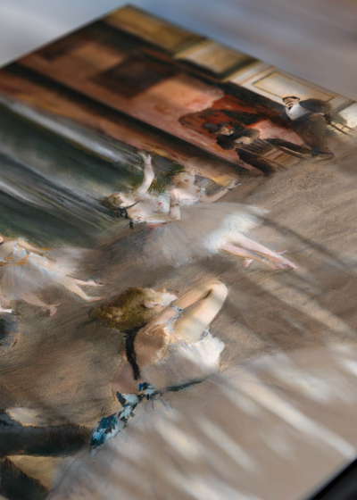 Zbliżenie na detale plakatu: Próba baletu na scenie Edgar Degas 1874 reprodukcja