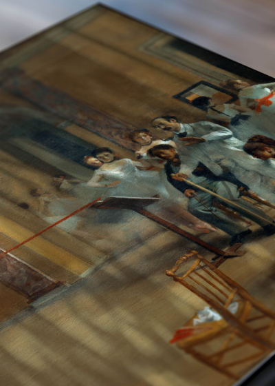 Zbliżenie na detale plakatu: Sala baletowa Edgar Degas reprodukcja impresjonizm