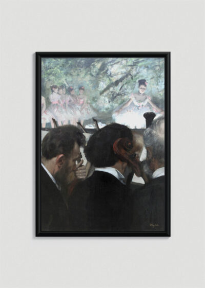 Plakat w drewnianej czarnej ramce: Muzycy w orkiestrze Edgar Degas impresjonizm reprint