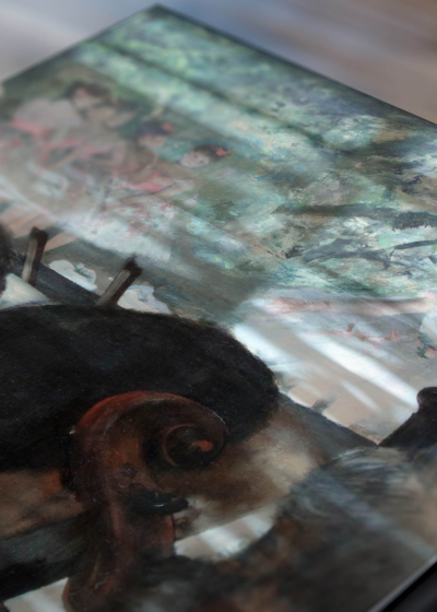 Zbliżenie na detale plakatu: Muzycy w orkiestrze Edgar Degas impresjonizm reprint