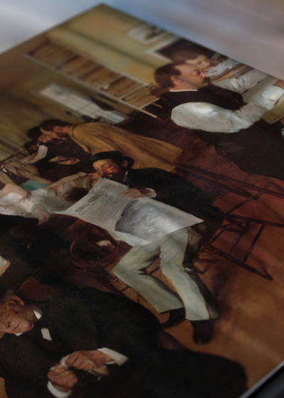 Zbliżenie na detale plakatu: Edgar Degas Skład bawełny w Nowym Orleanie 1873