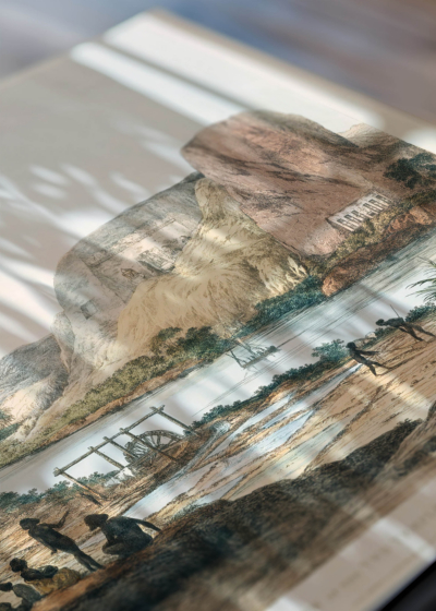 Zbliżenie na detale plakatu: Egipt Abu Simbel Belzoni 1820 vintage rycina
