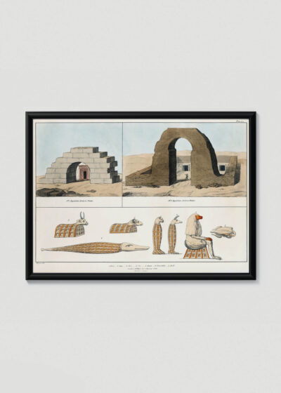 Plakat w drewnianej czarnej ramce: ryciny archeologiczne Belzoni Egipt 1820