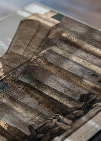Zbliżenie na detale plakatu: świątynia Philae Egipt Belzoni 1820 archeologia