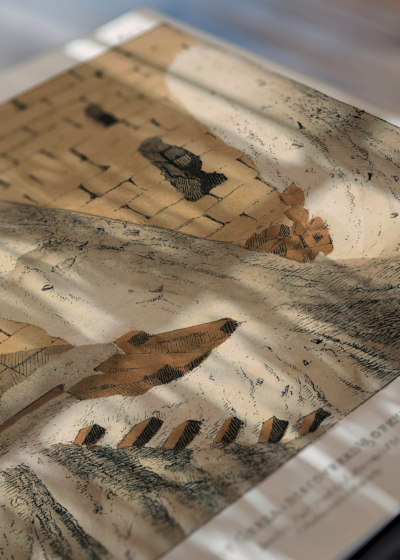 Zbliżenie na detale plakatu: ekspedycja archeologiczna Belzoni Egipt 1820