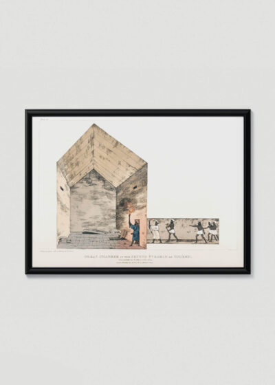 Plakat w drewnianej czarnej ramce: Belzoni odkrycie piramidy w Gizie 1820