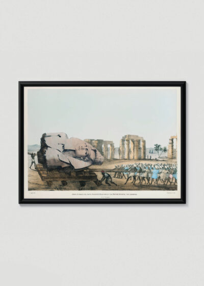 Plakat w drewnianej czarnej ramce: Transport głowy Ramzesa II Belzoni Egipt 1820