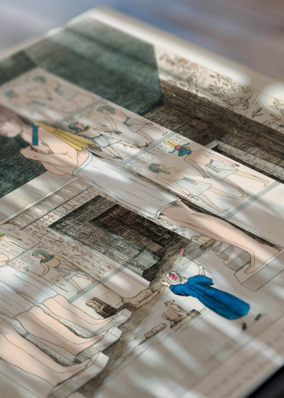Zbliżenie na detale plakatu: Świątynia egipska Belzoni odkrycia archeologiczne