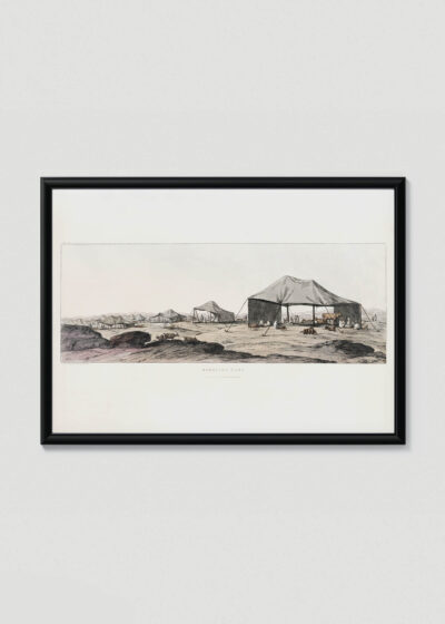 Plakat w drewnianej czarnej ramce: obóz Beduinów pustynia Egipt Belzoni 1820