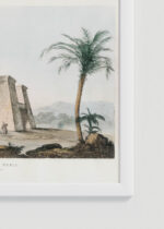 Zbliżenie na detale plakatu oprawionego w drewnianą białą ramkę od Plakatello®: Świątynia w Dakka Nubia Belzoni 1820 vintage
