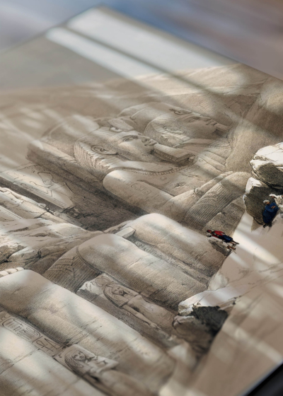 Zbliżenie na detale plakatu: Świątynia Abu Simbel David Roberts Egipt