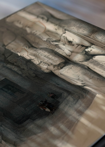 Zbliżenie na detale plakatu: Abu Simbel świątynia Ramzesa II David Roberts