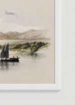 Zbliżenie na detale plakatu oprawionego w drewnianą białą ramkę od Plakatello®: Egipt widok na Nil David Roberts antyczny