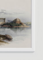 Zbliżenie na detale plakatu oprawionego w drewnianą białą ramkę od Plakatello®: Świątynia Philae Egipt David Roberts orientalizm